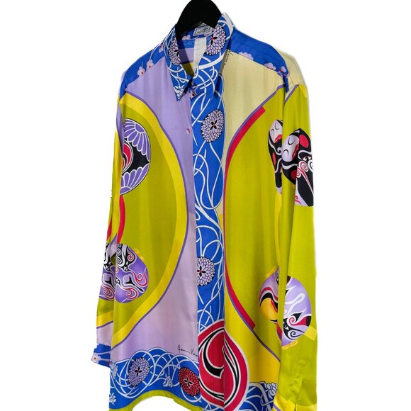 Gianni Versace Vintage Rare Yellow Japanese Mask Print Silk Shirt - Picture 2 of 13